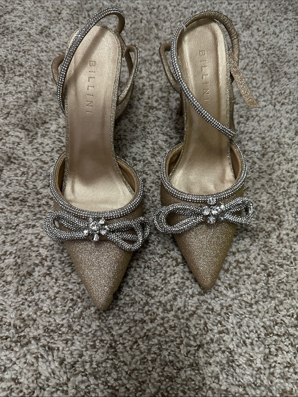 Billini Gold Glitter Pointed Toe Slingback Heels with Crystal Bow Accent